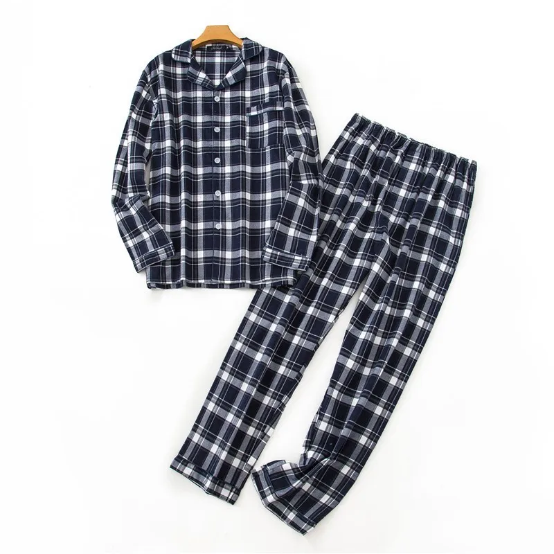 Осенняя мужская повседневная клетчатая Пижама, наборы мужская рубашка с длинными рукавами и отложным воротником и штаны, мягкий хлопковый пижамный комплект - Цвет: A
