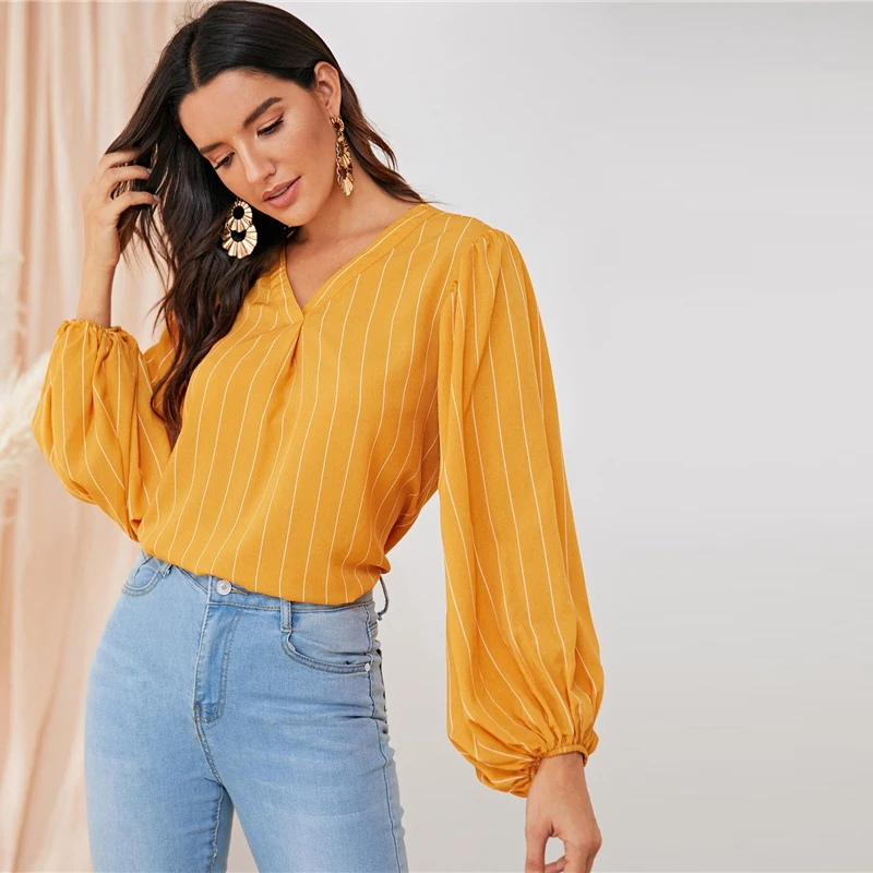 SHEIN Yellow V Neck Striped Autumn Elegant Blouse Top Women Spring Autumn Bishop Sleeve Office Ladies Basic Blouses