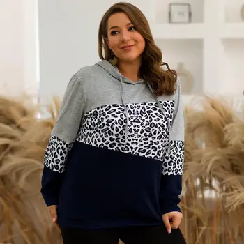 

Plus Size Leopard Hoodies Women Patchwork Sweatshirts Hooded Casual Hoodie Loose Women Clothes