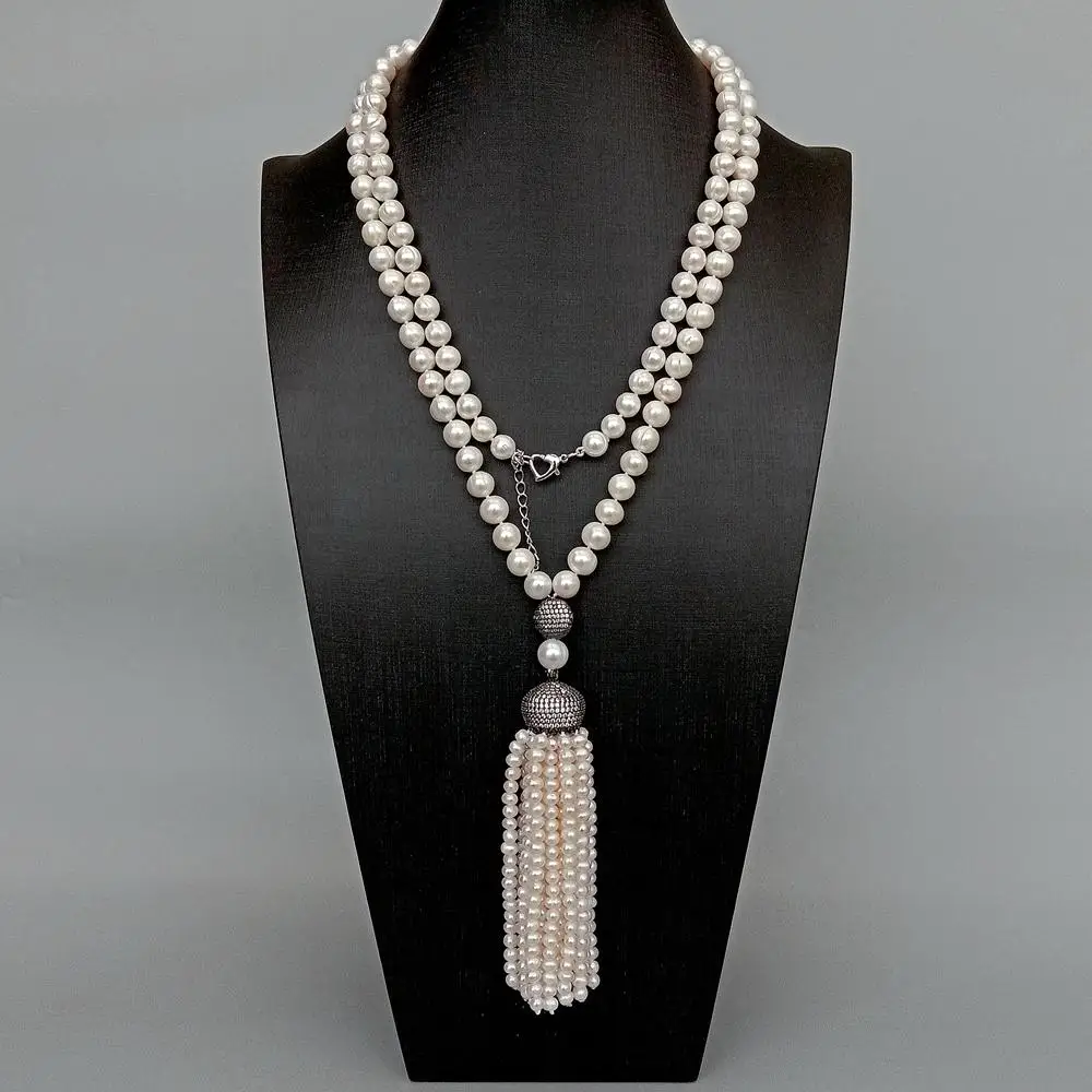 

Y·YING Natural 9-10mm Cultured White Freshwater Pearl sweater chain Long Necklace Cz Pave Gunmetal pearl Tassel Pendant 41"