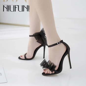 

NIUFUNI Fashion Mesh Bow Women's Sandals Stiletto High Heels Belt Buckle Round Head Women's Shoes Female Slip On Solid Shoes