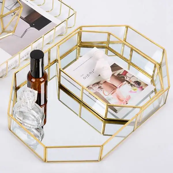 Golden Mirror Tray Cosmetic Container Jewelry Organizer Case Bathroom Storage Lipstick Necklace Desktop pantry organizer cake 3