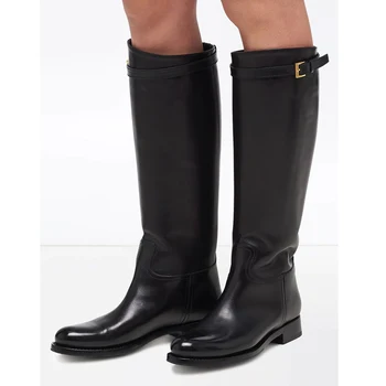 

New Knight Boots All-match Long Boots Flat Riding Boots Women's Shoes Retro Round Toe Casual Autumn Winter Cowhide Size:34-45