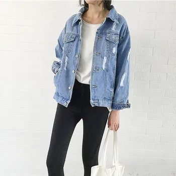 

2019 Spring Fall Korea Women Ripped Hole Denim Jacket Female Long Sleeve Basic Jeans Jacket Loose Casual Denim Coat