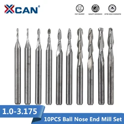 Xcan bola nariz end mill cortador conjunto 10 pçs 1/8 3.175 '(mm) shank carboneto espiral cnc roteador bit gravura em madeira ferramenta de trituração