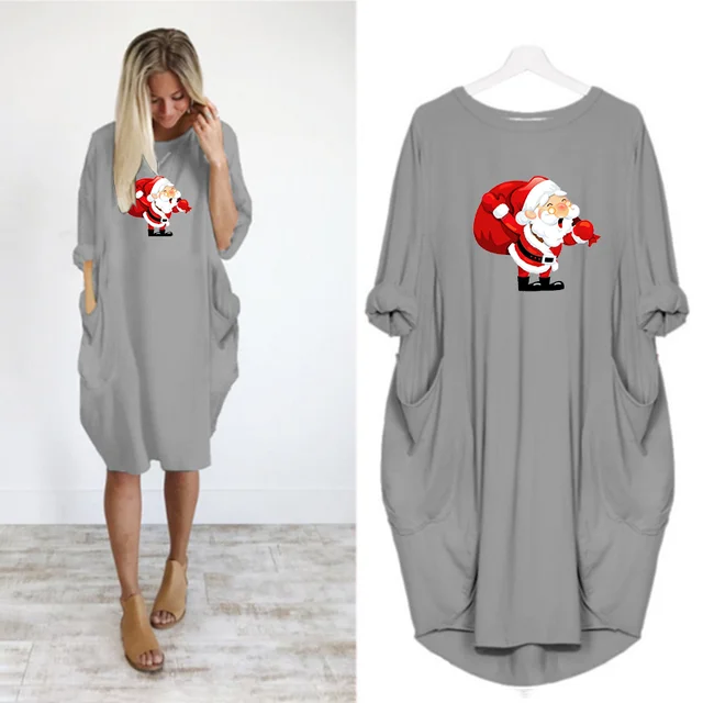 Navidad Women Dress Christmas Pocket Casual Loose Vintage Party Fall Clothes Santa Claus Kawaii Womens  Dresses D002M543 Gray