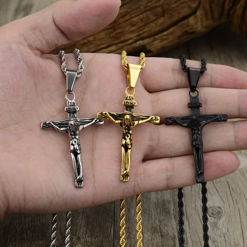 Нержавеющая сталь золото Цвет INRI Jesus частей крест кулон& Цепочки и ожерелья посеребрянное ожерелье для Для мужчин подарок Винтаж ювелирные украшения с христианской символикой