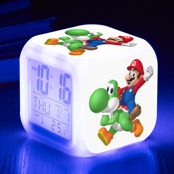 Figuras de acción de dibujos animados de Super Mario para niños, reloj con luz LED, despertador Digital colorido, decoración de escritorio