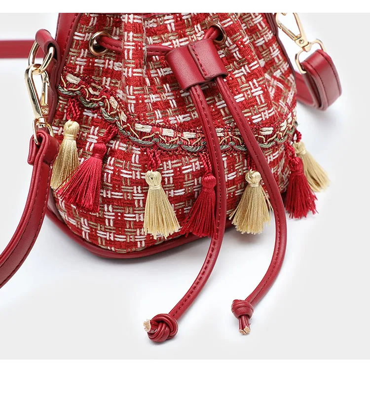 Luxury Brand Handbag Women's Bag Quilted tweed Busket bag Fashion Lady Bohemia Tassel Bags Female Drawstring Crossbody Bag Purse (3)