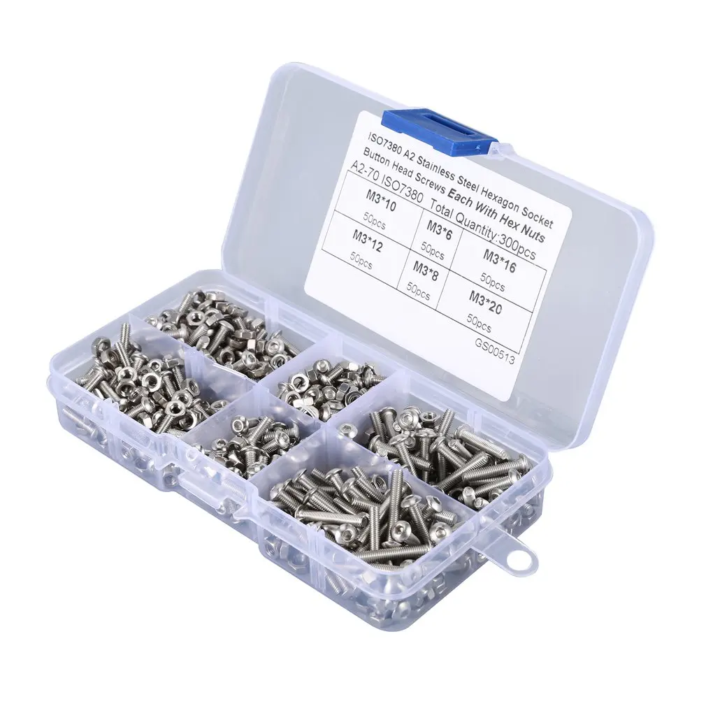 600 шт. M3 с внутренним шестигранником винты с круглой головкой комплект Нержавеющая сталь Кнопка головкой гриб шестигранный Набор торцевых головок винта с M3 Шестигранная гайка