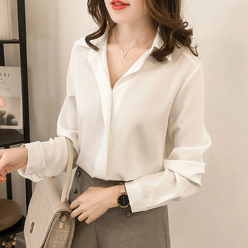 

2019 Spring Elegant Tops Blouses Women Pure Long Sleeve Blouse Shirt Turn Down Collar Chiffon Blouse Office Shirts Blusas Camisa