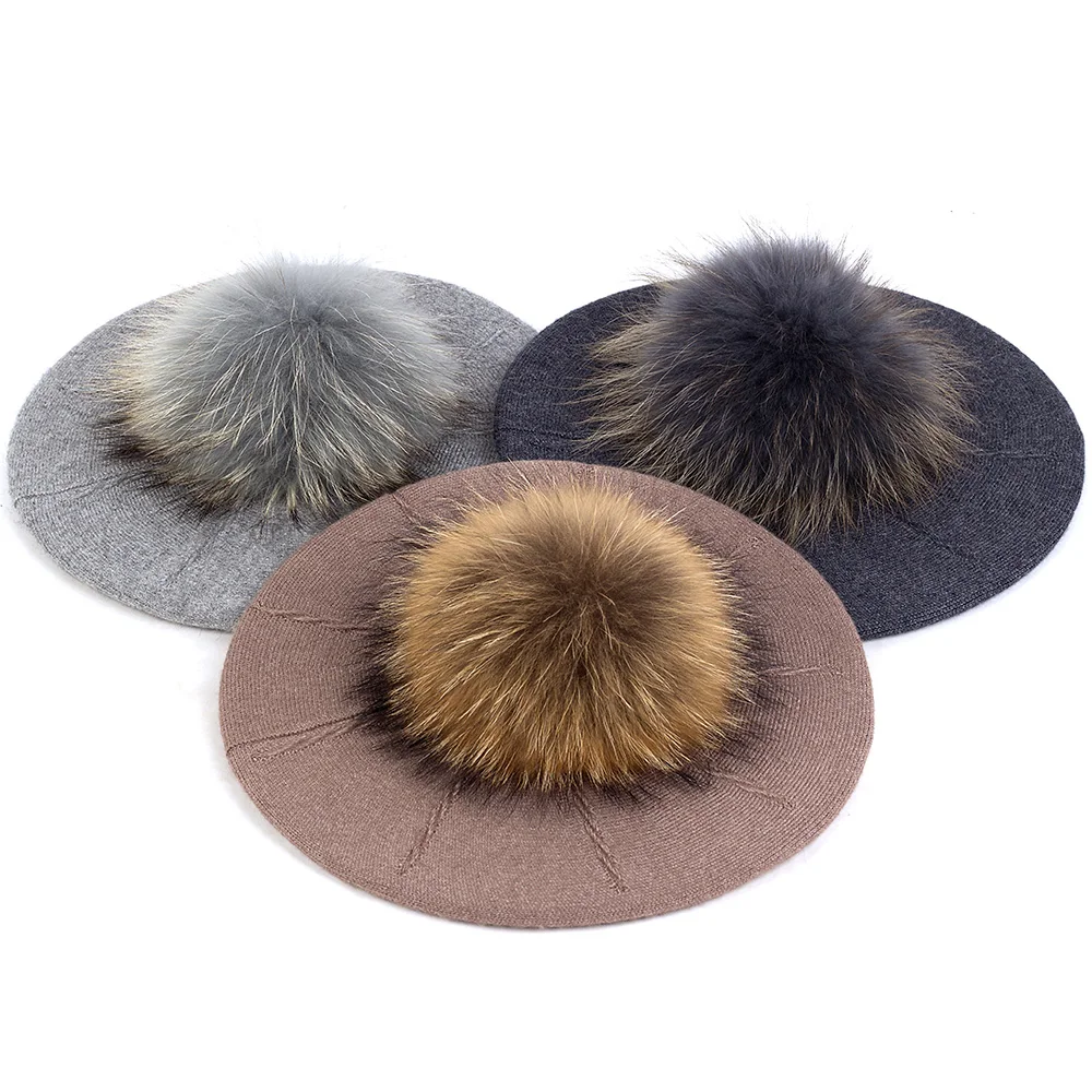 Geebro Female Winter Berets with 15 cm Real Ball Pom Pom Hat For Women Girl's Knitted Cap Thick Women'S Slouchy Skullies Beanies 3