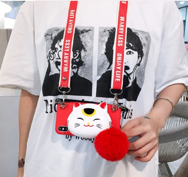 As shown in Чехол для iPhone 11 Pro Max Cute Fortune Cat, чехол на заднюю панель для iPhone X XS Max XR 6 7 8plus Maneki Neko Shell+ ремни - Цвет: As shown in