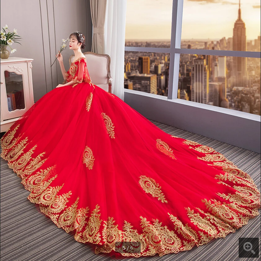 Robe de Mariage корт Поезд корсет красное свадебное платье золотистые кружевные аппликации с плеча с рукавом 3/4, для невесты платья