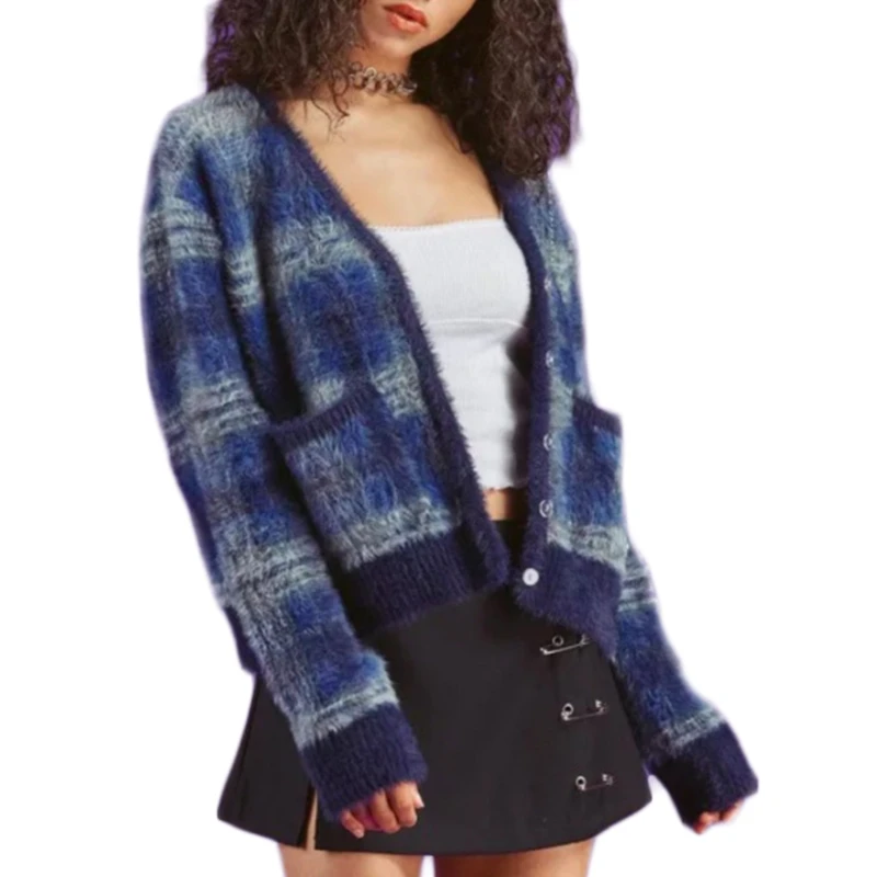 

Women Long Sleeve Plaid Knit Cardigan V-Neck Button Fuzzy Plush Sweater Coat