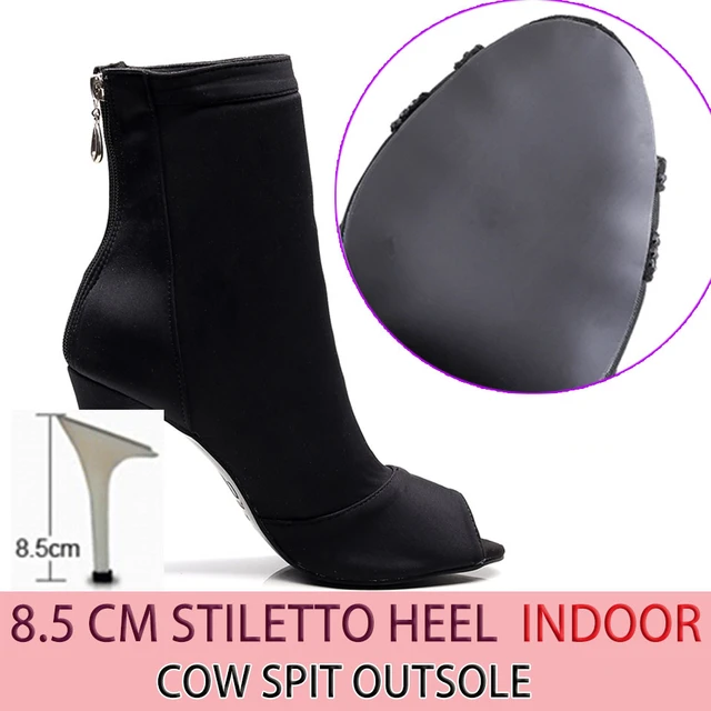 Discounts Sale Jazz Salsa Ballroom Latin Dance Shoes High Heel For Dancing Women Training Ladies Black Flock 1022 Summer Boots rubber 8.5cm heel