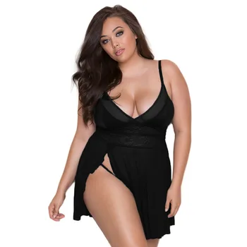 

2XL/3XL Plus Size Transparent Baby Doll Sexy Lingerie Hot Black See Through Mesh Erotic Nightgown Dress Women's Sexy Underwear