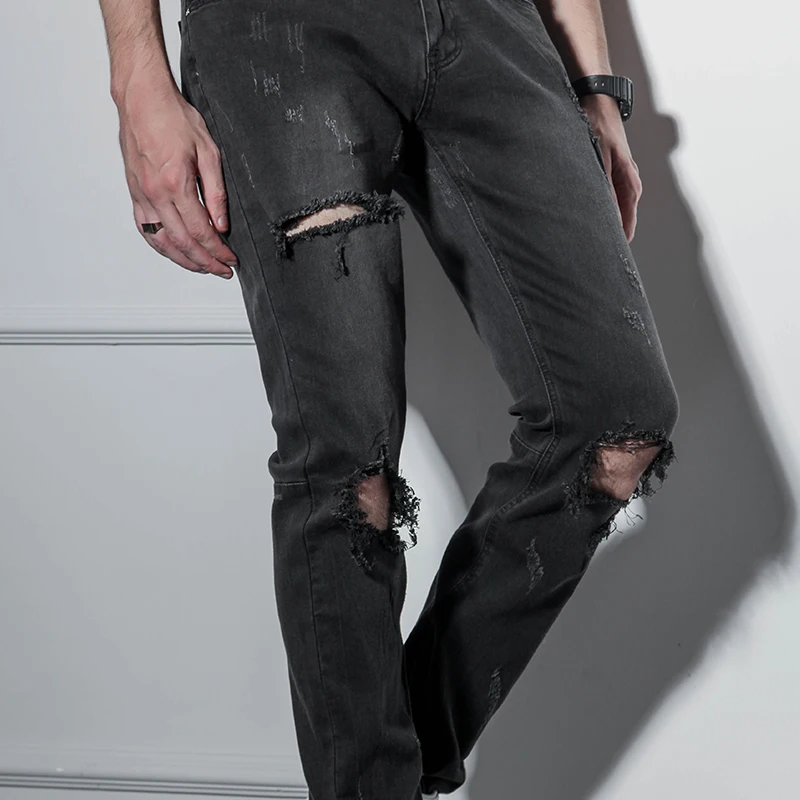 

Pants with Zipper at the bottom, holes in the knees, Jeans hip-hop hip-hop men's high street chic pants, baggy pants