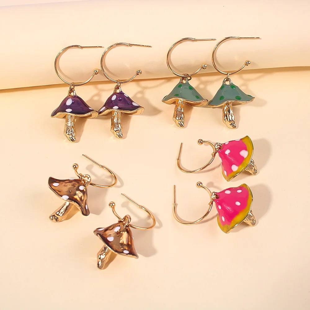 Cute Earrings For Women Korean Mushroom Dangle Earrings Trendy Enamel Pink Purple Green Accessories For Gifts Statement Jewelry