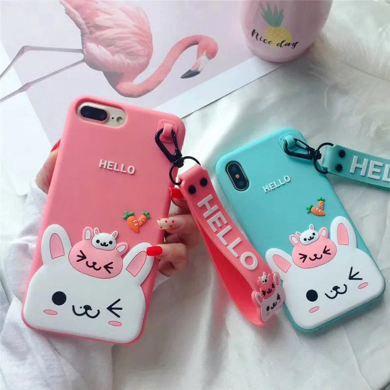 

for iphone XR X 7 8 6 6s plus xs max case cover cute cartoon 3d rabbit strap soft silicone phone bag capa fundas