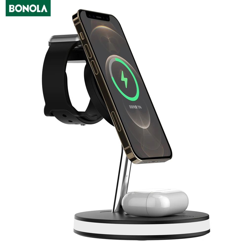 Bonola Qi 15W Wireless Charge 4 in 1 Station for iPhone 11 12 X XR 8 Plus Fast Charging for Apple Watch 6 5/Airpod Pro/2 Charger