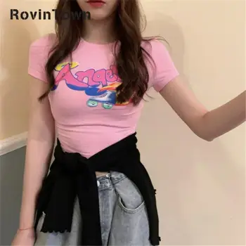 

Summer T-shirt Women Pink Letters Cartoon O Neck Short-sleeved Slim-fit Tops Short Leisure T-shirt Harajuku Style Free Shipping
