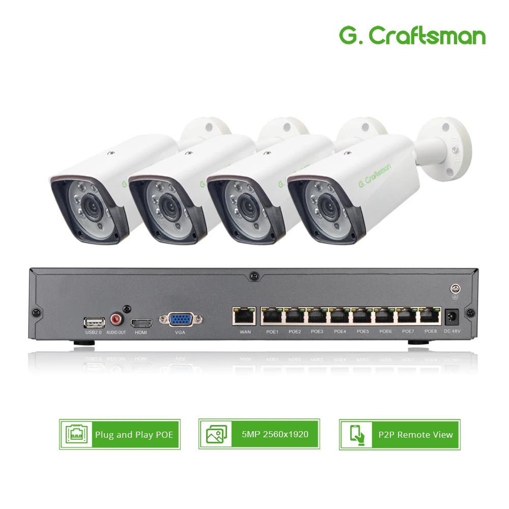 Venta caliente G.Craftsman-Sistema de seguridad CCTV para exteriores impermeable, cámara de vigilancia IP, vídeo de alarma P2P, 4CH, kit POE de 5MP H.265, hasta 8CH, NVR ZJmOzEGn