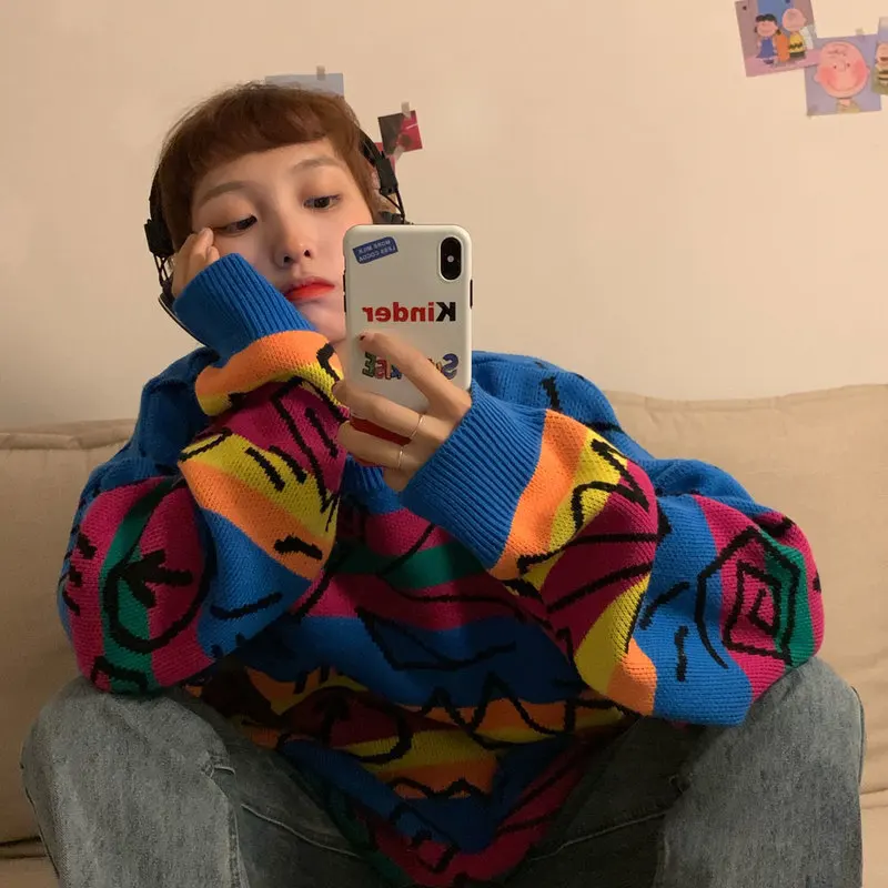 Океанlove Harajuku Пуловеры с граффити осенние винтажные BF стильные свободные женские свитера с принтом зимние студенческие женские 13260