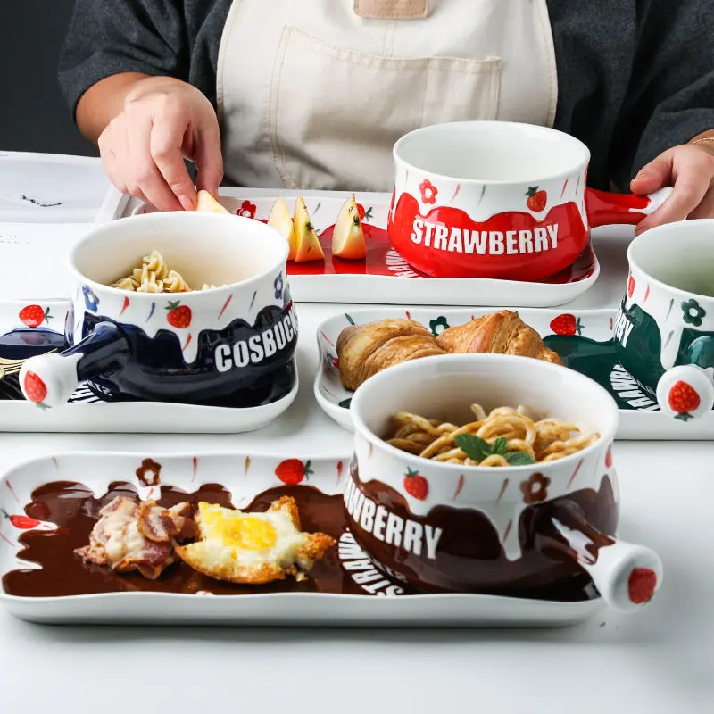 Strawberry Bowl Ceramic Handle Dessert Tableware Dish Tray Set Bowls and Plates Soup with Breakfast Plate | Дом и сад