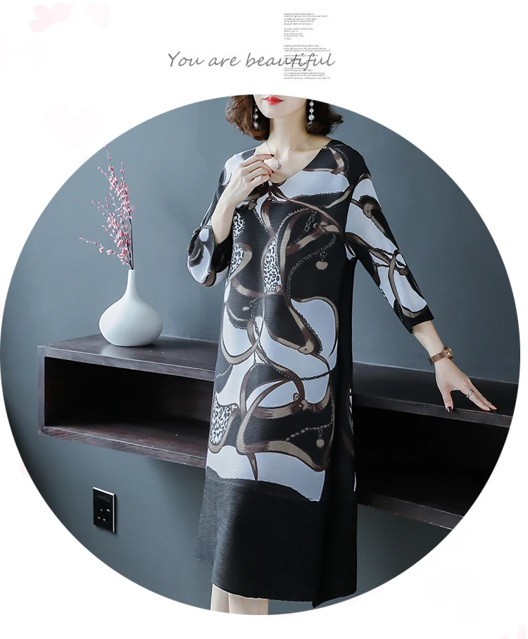Горячая Miyake fold в женской печати абстрактное платье с круглым вырезом платье доступно