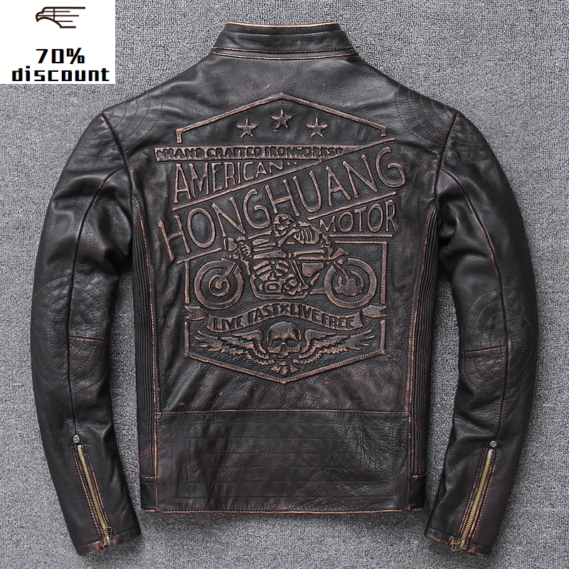 

2020 New Men's Genuine leather jacket Vintage top layer cow Mock Neck fit Brown trend leather jacket cattle cow leather coat