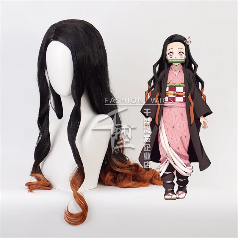 Long Demon Slayer Nezuko Kamado Cosplay Wigs Kimetsu no Yaiba Heat Resistant Hair Costume 105cm |