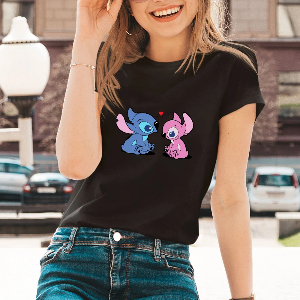 Lilo & Stitch Cartoon Pattern T-shirts Female Kawaii Harajuku Outdoor Fashion Dropship Diseny O-Neck Women T Shirts Black White tee shirts