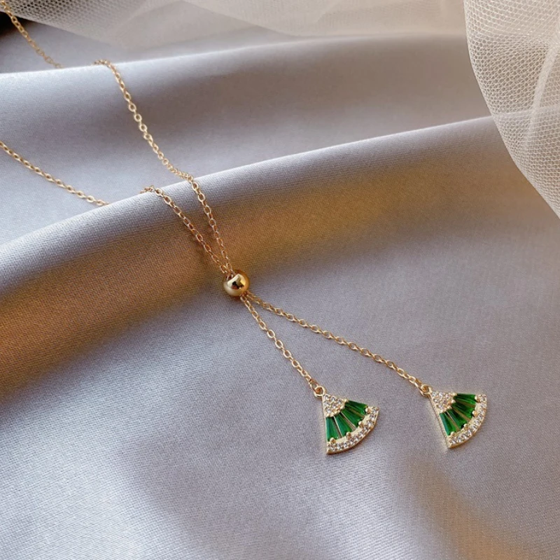 Vintage Classic Green Zircon Sector Pendant Necklace for Women Girls Luxury Gold Sweater Chain Choker Female Party Jewelry Gift | Украшения