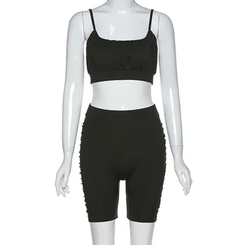 Fitness Stacked Leggings Shorts 2 Piece Set Jogging Women Lounge wear Vest Crop Top + Bikers Shorts Bodycon Two Piece Set Outfit 5