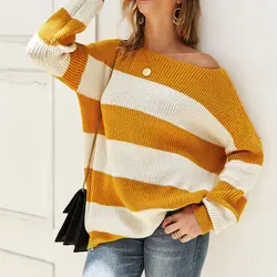 Женский свободный свитер с длинными рукавами, весенний Женский Повседневный полосатый трикотажный свитер, осенние женские топы больших