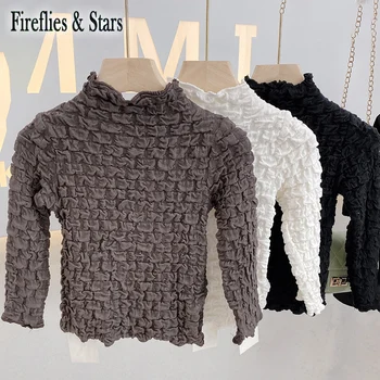 

Spring Autumn Girls T Shirt Baby Tee Kids Tops Children Pullover Clothes New Fashion Solid Basic Pleated Ruched 2 To 7 Yrs