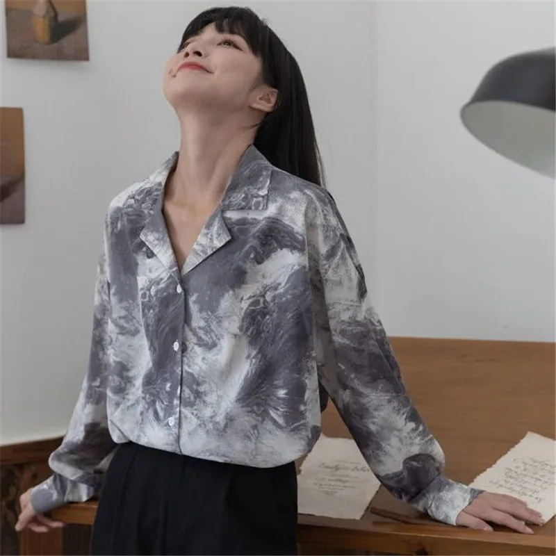 Loose Shirt Women New 2022 Ink Printed Spring Autumn Shirt Long-Sleeved Retro Hong Kong Style Blouses Ladies Tops Blusas Mujer 2022 summer new hong kong style retro high waist unique gradual curled loose shorts wide leg a line jeans women