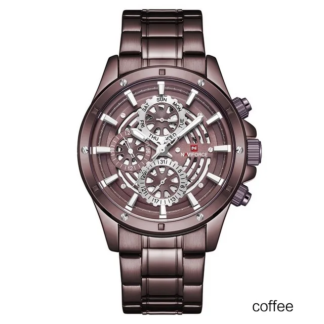 Coffee NAVIFORCE, люксовый бренд, кварцевые часы для мужчин, нержавеющая сталь, скелет, спортивные часы для мужчин, s, модные, водонепроницаемые часы, Relogio Masculino - Цвет: Coffee