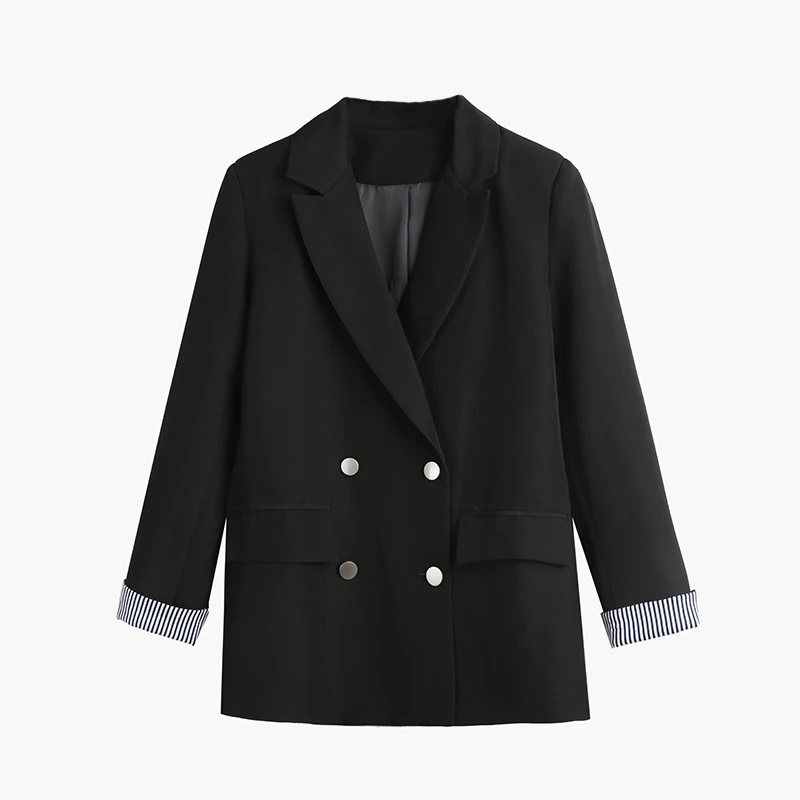 New Women Blazer Double Breasted Black Striped Sleeve Notched Casual Female Blazer Women Jacket Autumn Outerwear Coats
