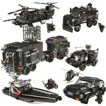 

SWATing Armored Car Helicopter Police Command Vehicle Boat Model Building Blocks Crusier Military Construction Toys For Children