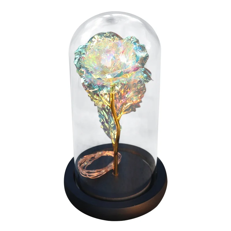 Искусственный Золотой фольга розы и светодиодный светильник в стеклянном куполе на деревянной основе лучший подарок для женщин - Цвет: colorful