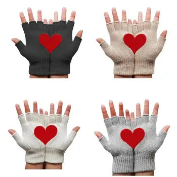 

Women Winter Knitted Fingerless Gloves Sweet Red Half Love Heart Irregular Patchwork Palm Half Finger Mittens Hand Warmer