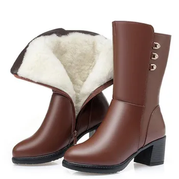 

New Winter Comfort Warm Snow Boots Female Knight Boots Genuine Leather Wool Boots Non-slip High Heels Shoes Woman Fashion Boots