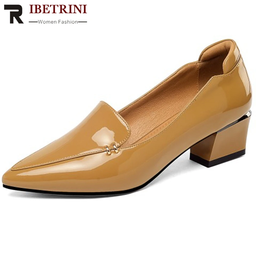 

RIBETRINI New Female Spring Office Fashion Patent Pu Shoes Woman Elegant Solid Shallow Pumps Women 2020 Med Chunky Heels Pumps