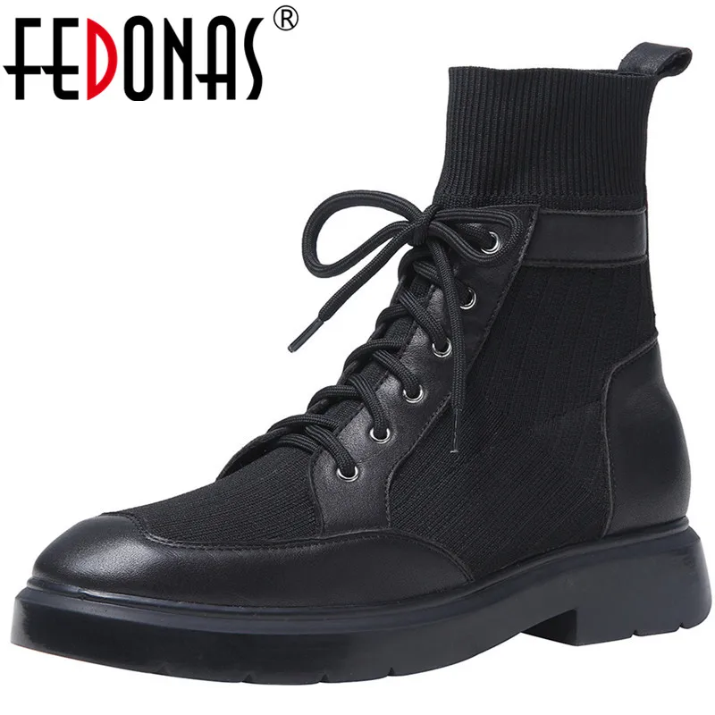 

FEDONAS Punk Genuine Leather Women British Style Ankle Boots Motorcycle Boots Elastic High Heels Party Night Club Shoes Woman