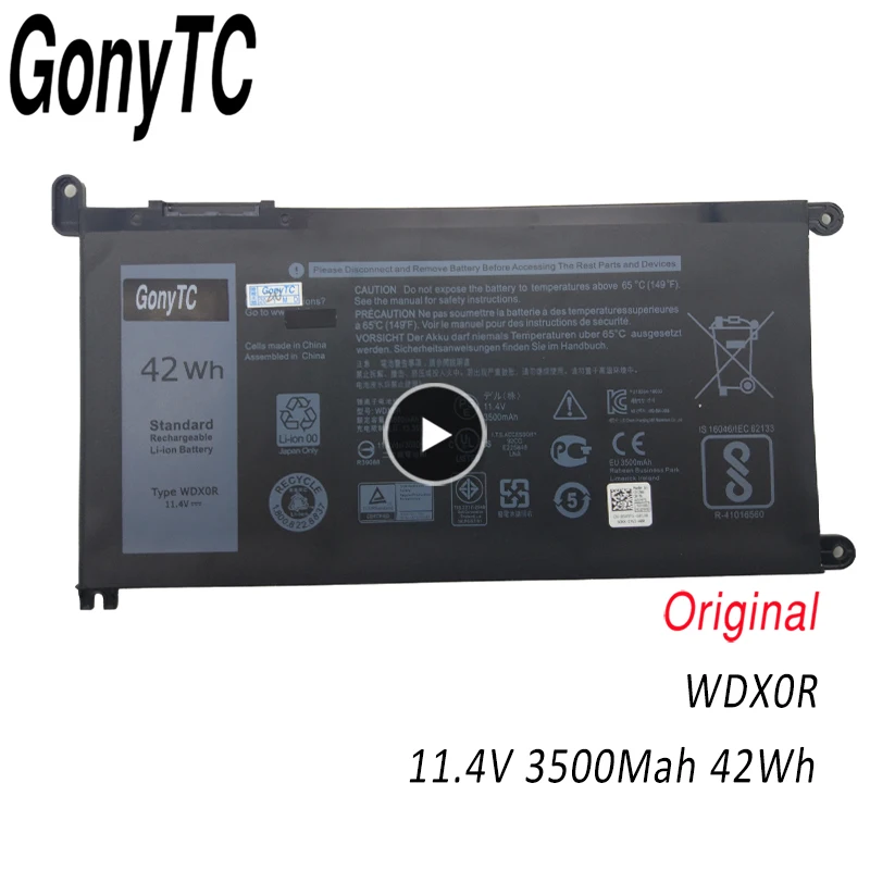 GONYTC WDX0R оригинальный ноутбук Батарея 3CRH3 T2JX4 WDXOR для DELL 15MF PRO-1508T Inspiron 13 5000 5368 5378 |