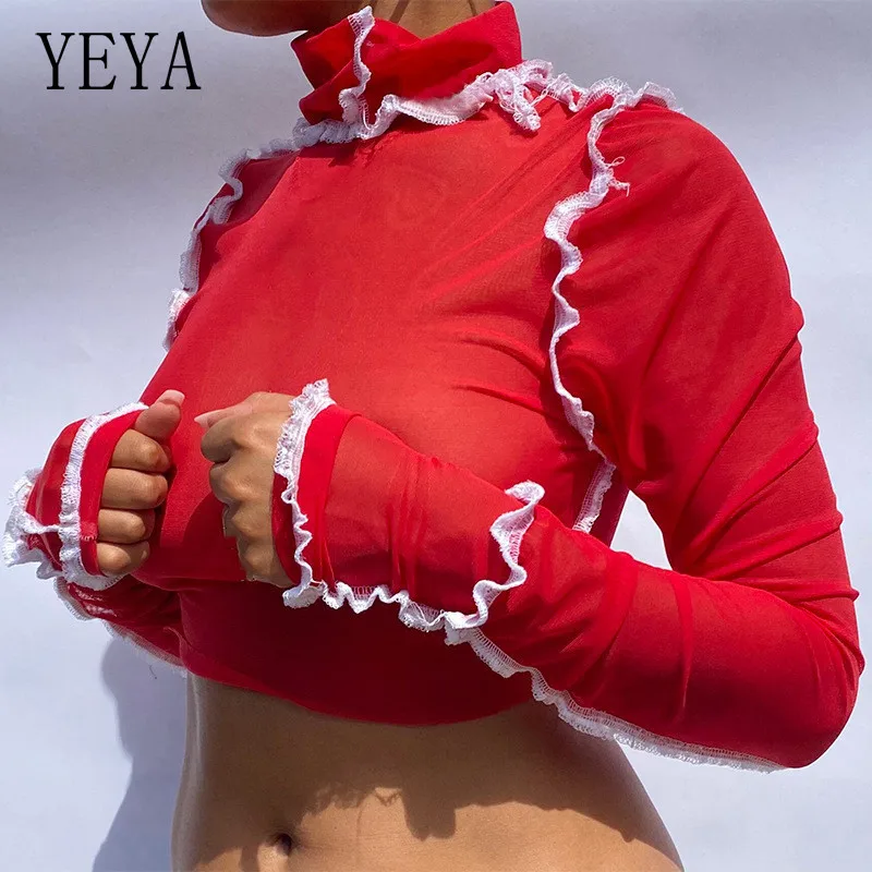

YEYA Long Sleeve Ruffles Turtleneck T-shirts Solid Ruched Mesh Women Crop Tops Elastic Bandage Tees Female Outfits