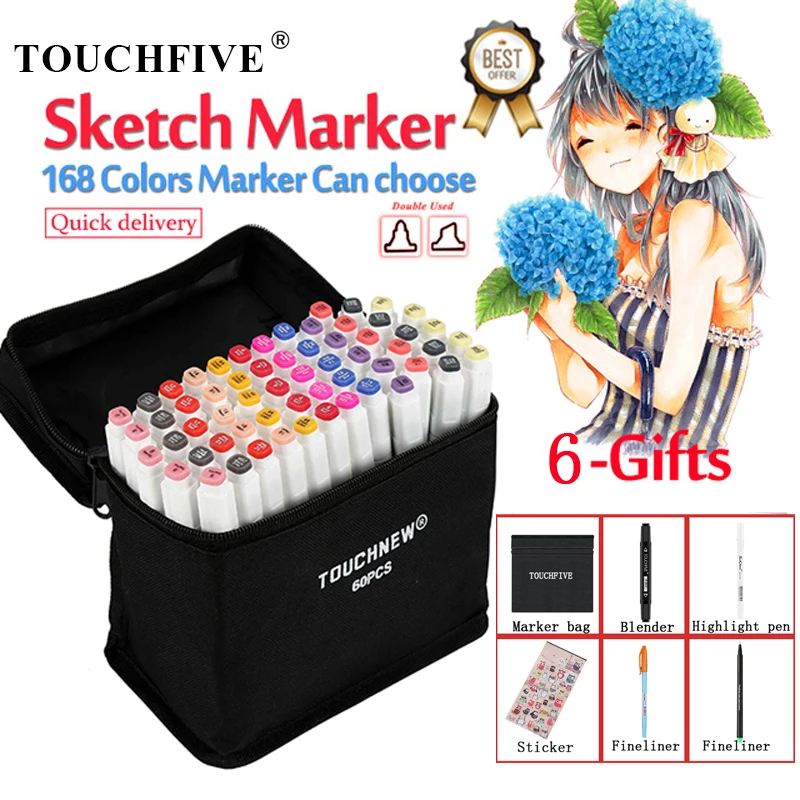 

TouchFIVE 168Colors Art Markers Alcohol Based Pen Dual Head Sketch Markers Brush Pen For Drawing Manga Design Overseas Warehouse