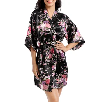 

Women's Fashion Robes Flower Print Night Robe Japanese Kimono Style Sexy Silk Bathrobe Nightwear